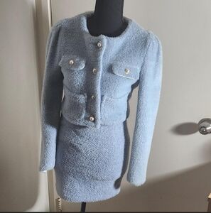 Lightblue Furry Cardigan & Skirt Set